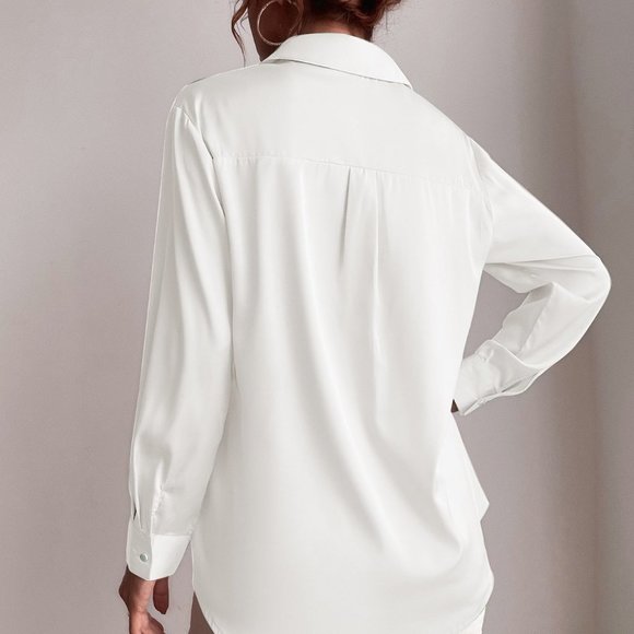 White Preppy Womens Button Up Solid Shirt - Picture 3 of 5